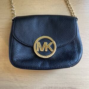 Michael Kors Crossbody Bag Black Leather Gold MK Logo Adjustable Strap